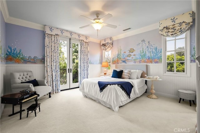 755 Carriage House Dr, Arcadia, CA 91006 - bedroom with carpet, wainscoting, access to outside, french doors, and crown molding