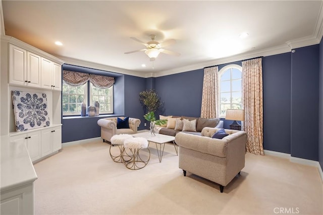 755 Carriage House Dr, Arcadia, CA 91006 - living area with a ceiling fan, healthy amount of natural light, light carpet, crown molding, and recessed lighting