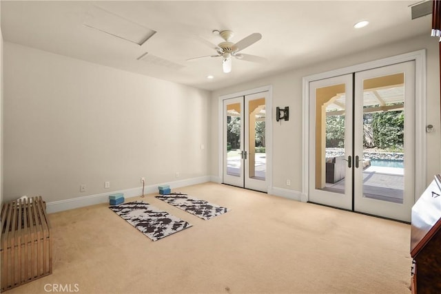 755 Carriage House Dr, Arcadia, CA 91006 - doorway with french doors, carpet floors, baseboards, a ceiling fan, and recessed lighting