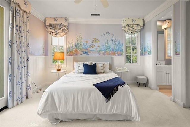 755 Carriage House Dr, Arcadia, CA 91006 - bedroom with wainscoting, carpet, crown molding, connected bathroom, and a sink