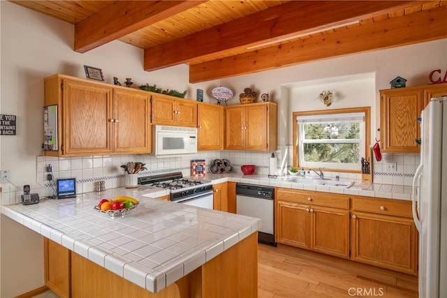 1176 Aleutian Dr, Lake Arrowhead, CA 92352 - kitchen featuring white appliances, a wooden ceiling with exposed beams, light wood finished floors, tasteful backsplash, and a peninsula