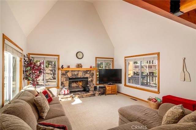 1176 Aleutian Dr, Lake Arrowhead, CA 92352 - living room featuring high vaulted ceiling, carpet floors, and a fireplace