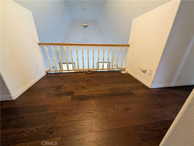 1176 Aleutian Dr, Lake Arrowhead, CA 92352 - stairway with ceiling fan, wood finished floors, and high vaulted ceiling