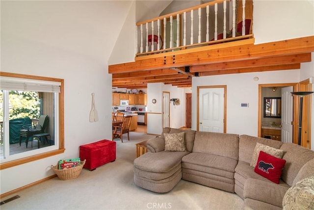 1176 Aleutian Dr, Lake Arrowhead, CA 92352 - living room with high vaulted ceiling and light colored carpet