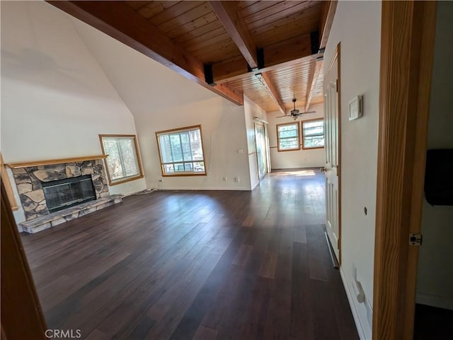 1176 Aleutian Dr, Lake Arrowhead, CA 92352 - unfurnished living room featuring a wood ceiling with exposed beams, dark wood finished floors, a stone fireplace, and ceiling fan