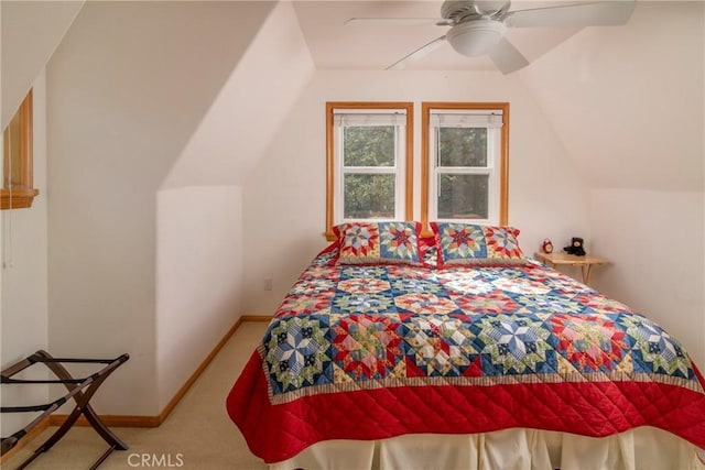 1176 Aleutian Dr, Lake Arrowhead, CA 92352 - carpeted bedroom with vaulted ceiling and a ceiling fan