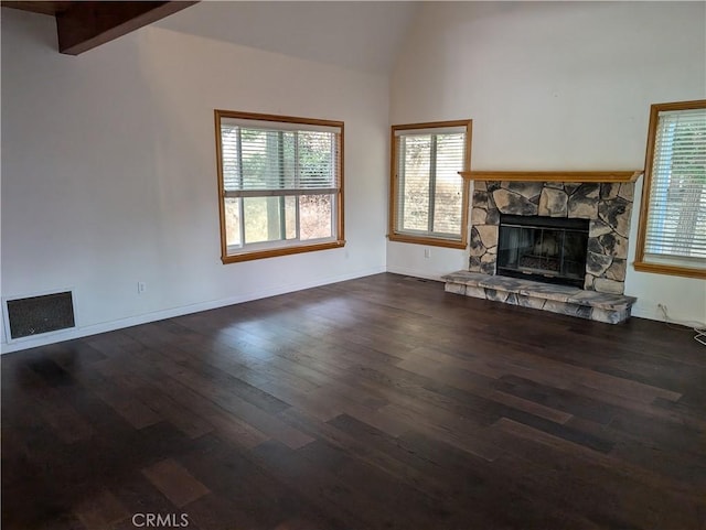 1176 Aleutian Dr, Lake Arrowhead, CA 92352 - unfurnished living room with a fireplace, dark wood-style flooring, plenty of natural light, and high vaulted ceiling