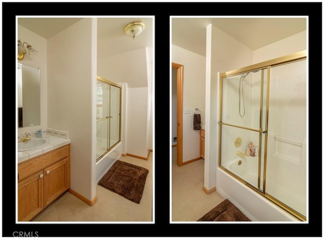 1176 Aleutian Dr, Lake Arrowhead, CA 92352 - bathroom featuring shower / bath combination with glass door and vanity