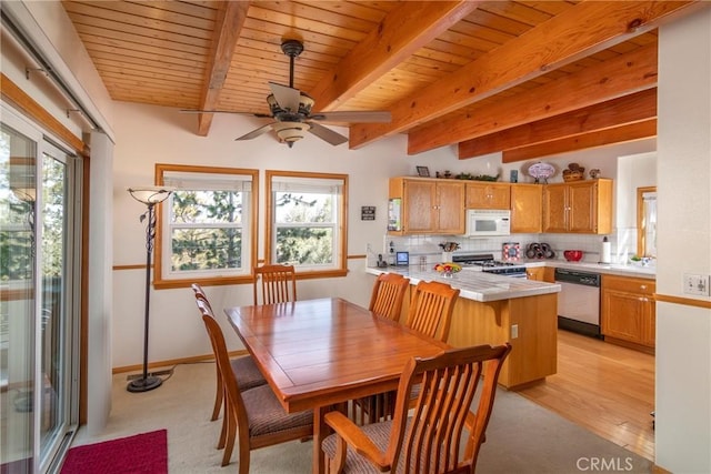 1176 Aleutian Dr, Lake Arrowhead, CA 92352 - dining area featuring healthy amount of natural light, a wooden ceiling with exposed beams, a ceiling fan, and light wood finished floors