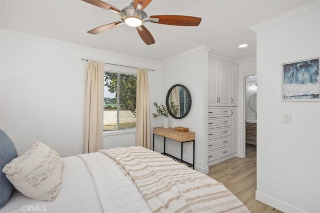 25611 Quail Run Unit 18, Dana Point, CA 92629 - bedroom with light wood-style floors, baseboards, crown molding, recessed lighting, and ceiling fan