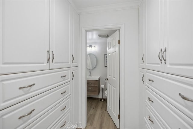 25611 Quail Run Unit 18, Dana Point, CA 92629 - bathroom with vanity, wood finished floors, crown molding, and toilet