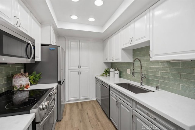 25611 Quail Run Unit 18, Dana Point, CA 92629 - kitchen featuring stainless steel appliances, a sink, backsplash, white cabinets, and recessed lighting
