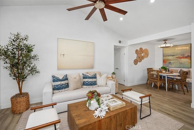 25611 Quail Run Unit 18, Dana Point, CA 92629 - living room with a ceiling fan, high vaulted ceiling, baseboards, light wood-style floors, and recessed lighting