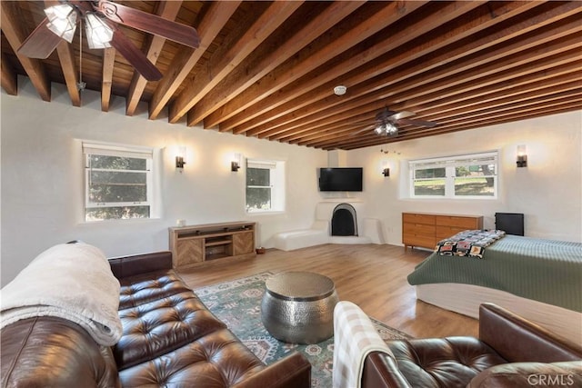1615 Halsey St, Redlands, CA 92373 - living room featuring beam ceiling, a ceiling fan, healthy amount of natural light, and wood finished floors