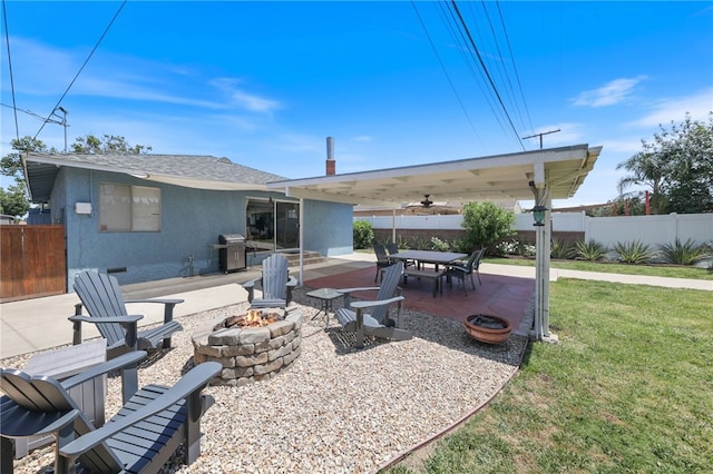 15403 Domart Ave, Norwalk, CA 90650 - view of patio featuring a fire pit, grilling area, and a ceiling fan