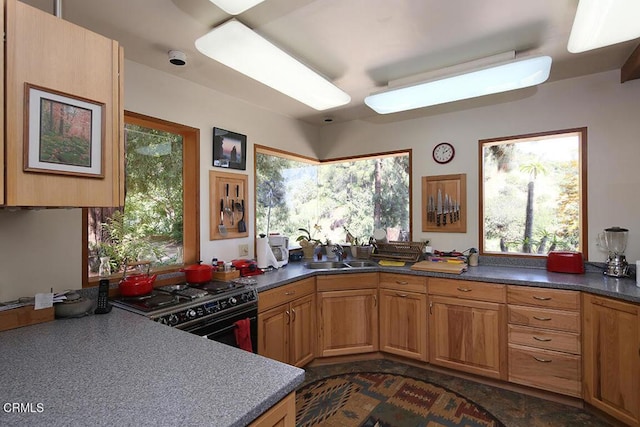 633 Norumbega Dr, Monrovia, CA 91016 - kitchen featuring black gas range, healthy amount of natural light, and dark countertops