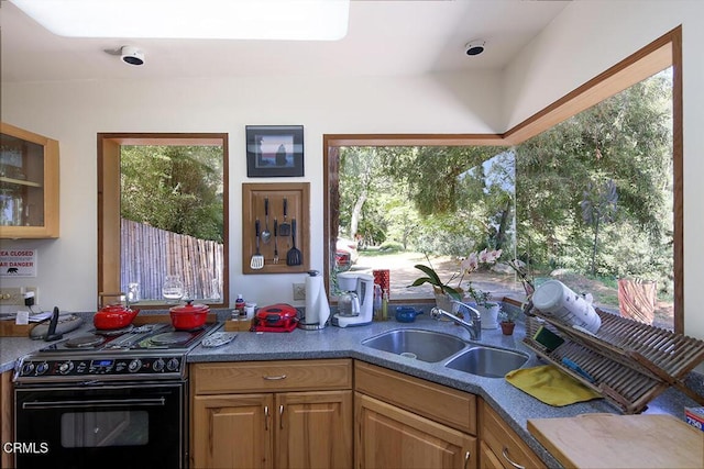 633 Norumbega Dr, Monrovia, CA 91016 - kitchen featuring black range with electric stovetop and glass insert cabinets
