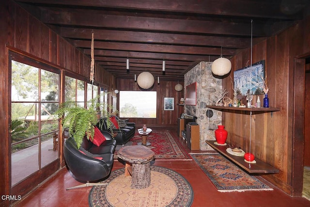 633 Norumbega Dr, Monrovia, CA 91016 - living area featuring wooden walls and beamed ceiling