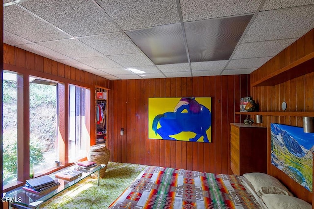 633 Norumbega Dr, Monrovia, CA 91016 - bedroom featuring wooden walls, a paneled ceiling, and carpet floors