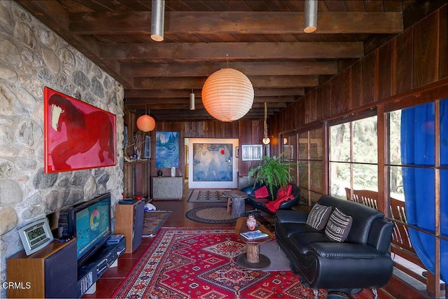 633 Norumbega Dr, Monrovia, CA 91016 - living room featuring a wooden ceiling with exposed beams and wooden walls