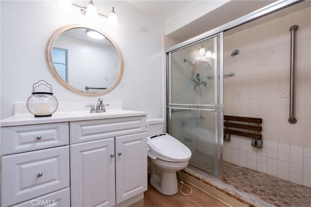 999 E Valley Blvd Unit 114, Alhambra, CA 91801 - bathroom with a stall shower, vanity, and wood finished floors
