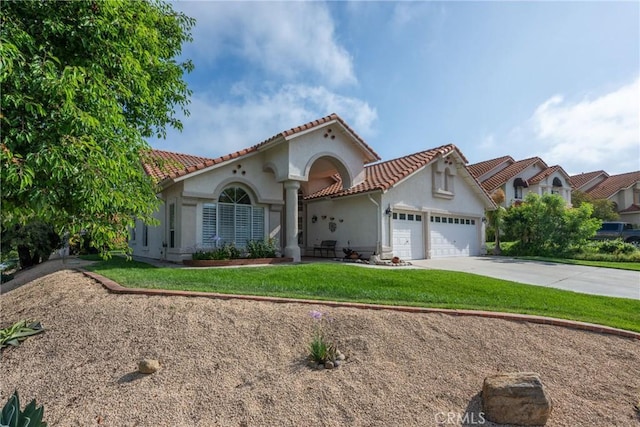 31436 Corte Sonora, Temecula, CA 92592 - mediterranean / spanish-style home featuring a garage, a tile roof, stucco siding, driveway, and a front lawn