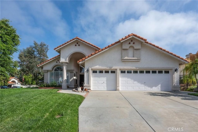 31436 Corte Sonora, Temecula, CA 92592 - mediterranean / spanish home with concrete driveway, an attached garage, stucco siding, a front lawn, and a tile roof