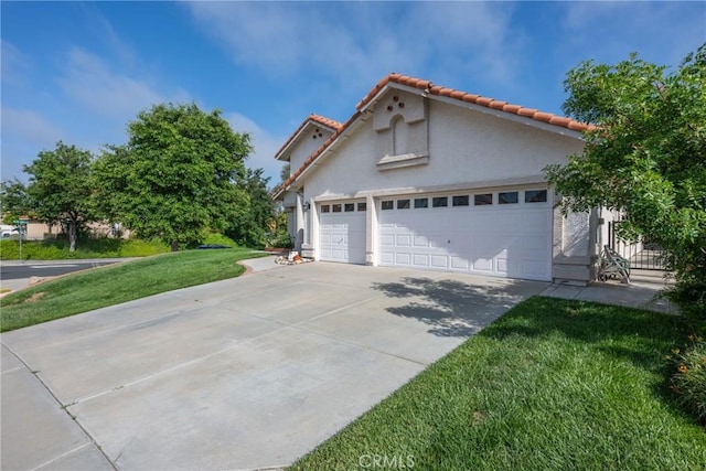 31436 Corte Sonora, Temecula, CA 92592 - mediterranean / spanish-style house featuring concrete driveway, a garage, a front yard, stucco siding, and a tiled roof