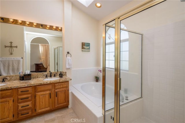 31436 Corte Sonora, Temecula, CA 92592 - bathroom with tiled shower, a bath, double vanity, and tile patterned floors