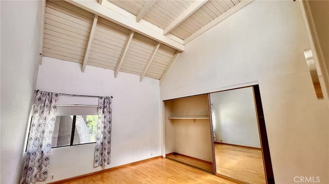 445 W Duarte Rd Unit 5, Arcadia, CA 91007 - unfurnished bedroom featuring wood finished floors, a wooden ceiling with exposed beams, a closet, and high vaulted ceiling