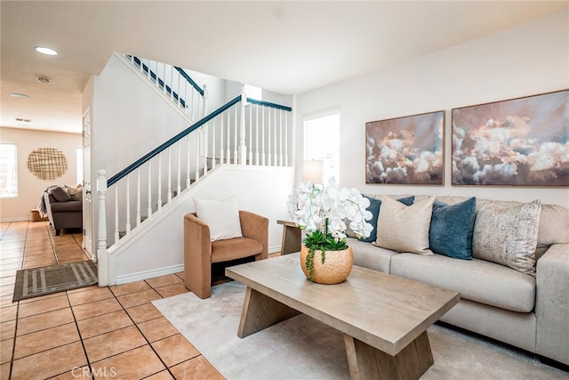 382 Settlers Rd, Upland, CA 91786 - living area featuring tile patterned flooring, recessed lighting, stairs, and baseboards