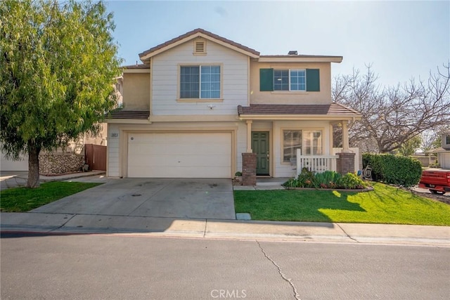 382 Settlers Rd, Upland, CA 91786 - traditional-style home featuring a garage, concrete driveway, a front yard, and a tiled roof