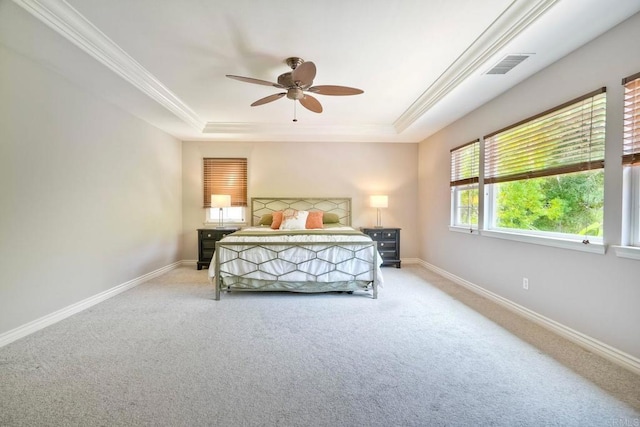 3522 Camino Cereza, Carlsbad, CA 92009 - carpeted bedroom featuring a raised ceiling, ornamental molding, baseboards, and ceiling fan