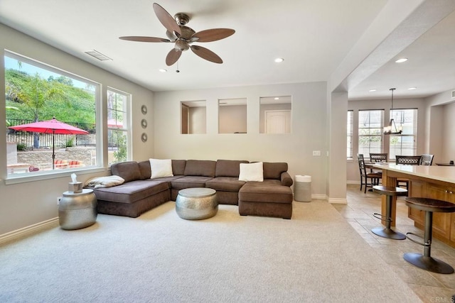 3522 Camino Cereza, Carlsbad, CA 92009 - living room featuring baseboards, ceiling fan, recessed lighting, light tile patterned floors, and light carpet