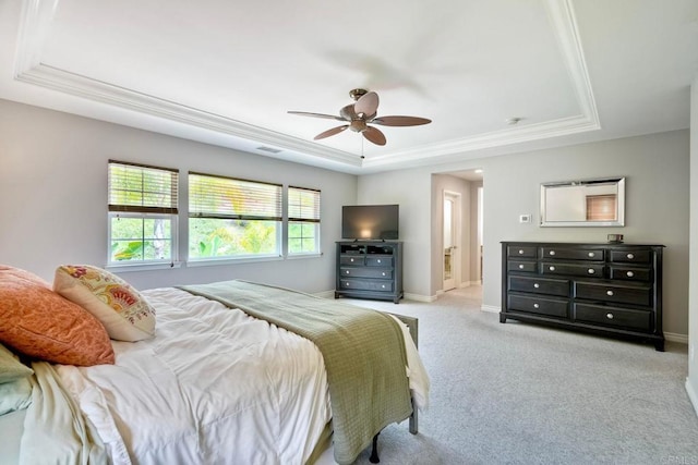 3522 Camino Cereza, Carlsbad, CA 92009 - bedroom with a raised ceiling, ornamental molding, carpet floors, baseboards, and a ceiling fan