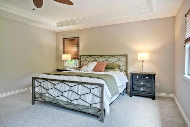 3522 Camino Cereza, Carlsbad, CA 92009 - carpeted bedroom featuring a raised ceiling, ornamental molding, baseboards, and a ceiling fan