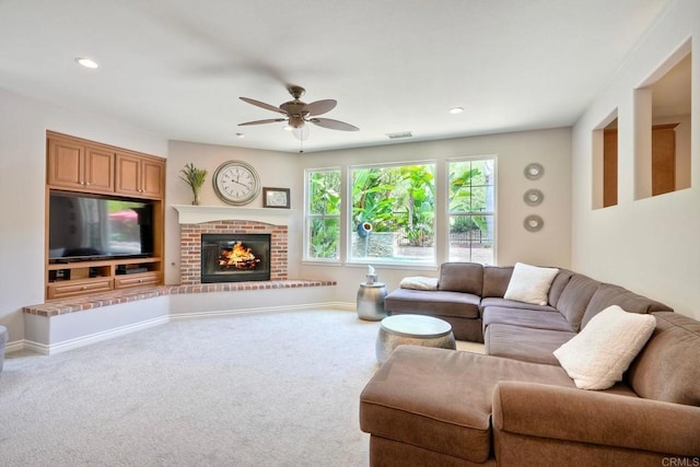 3522 Camino Cereza, Carlsbad, CA 92009 - living room with carpet flooring, a ceiling fan, a brick fireplace, recessed lighting, and baseboards
