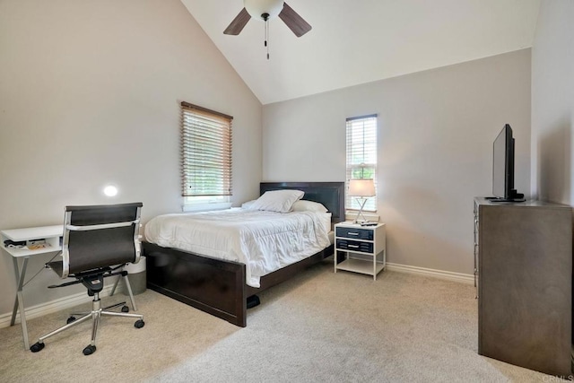 3522 Camino Cereza, Carlsbad, CA 92009 - carpeted bedroom with baseboards, a ceiling fan, and high vaulted ceiling