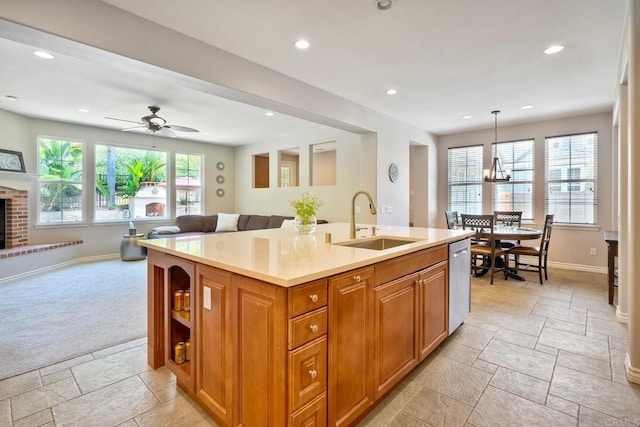 3522 Camino Cereza, Carlsbad, CA 92009 - kitchen with open floor plan, dishwasher, stone tile floors, recessed lighting, and light countertops