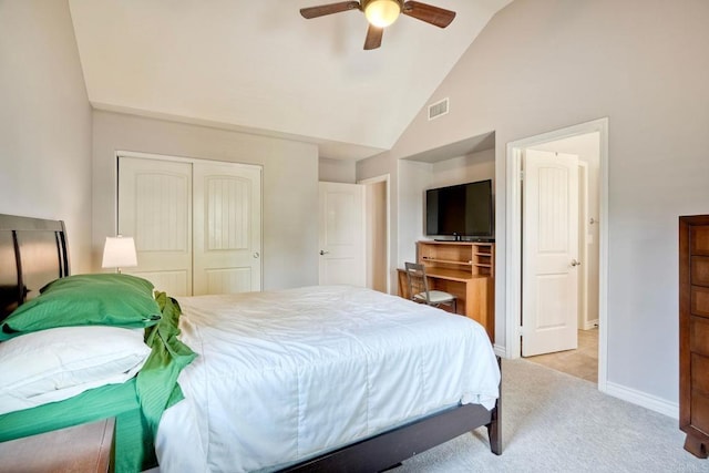 3522 Camino Cereza, Carlsbad, CA 92009 - carpeted bedroom featuring a closet, high vaulted ceiling, and ceiling fan
