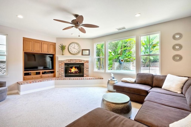 3522 Camino Cereza, Carlsbad, CA 92009 - living room with carpet flooring, a ceiling fan, a brick fireplace, and recessed lighting