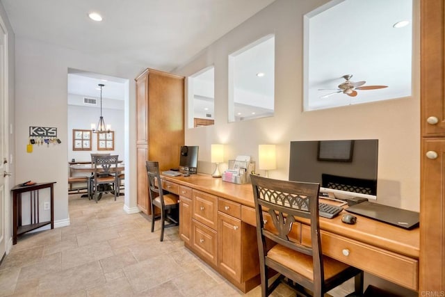 3522 Camino Cereza, Carlsbad, CA 92009 - office with ceiling fan, a chandelier, built in study area, and light stone finish flooring