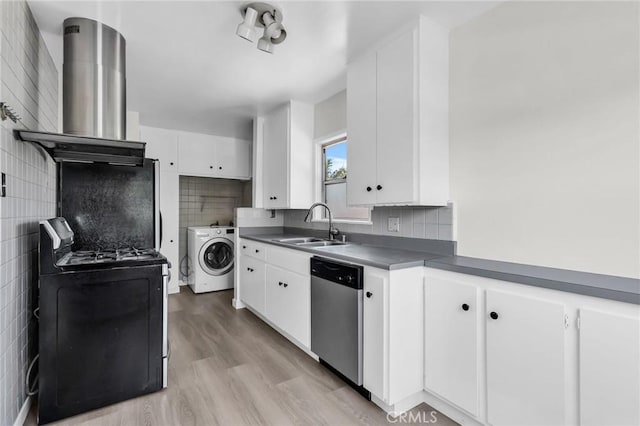 14403 S White Ave, Compton, CA 90221 - kitchen featuring washer / clothes dryer, stainless steel dishwasher, black range with gas stovetop, a sink, and extractor fan