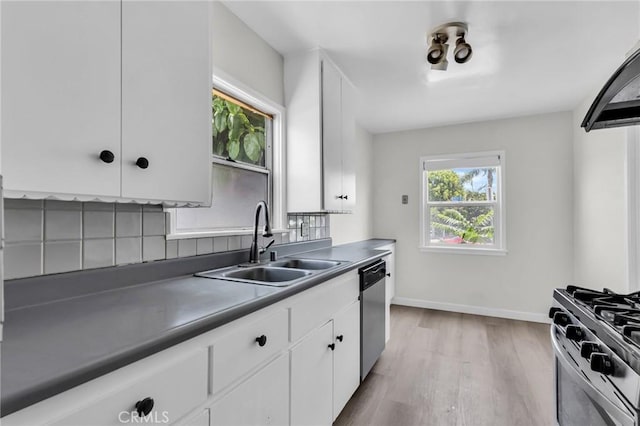 14403 S White Ave, Compton, CA 90221 - kitchen featuring a sink, stainless steel appliances, light wood-style floors, white cabinets, and baseboards