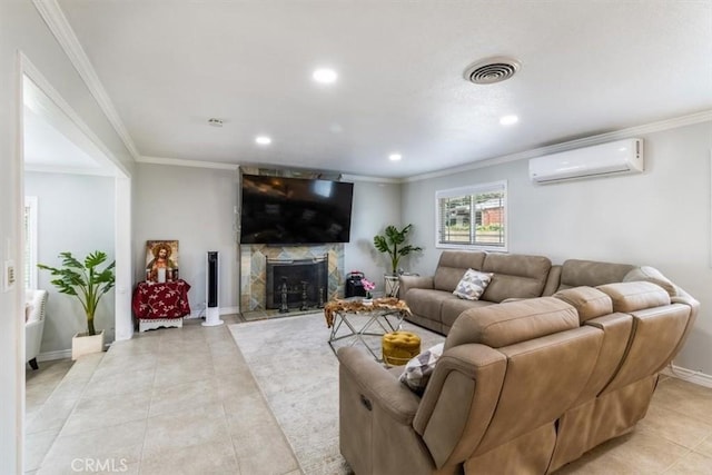 19921 Rambling Rd, Covina, CA 91724 - living area featuring a wall unit AC, recessed lighting, crown molding, a fireplace, and light tile patterned floors