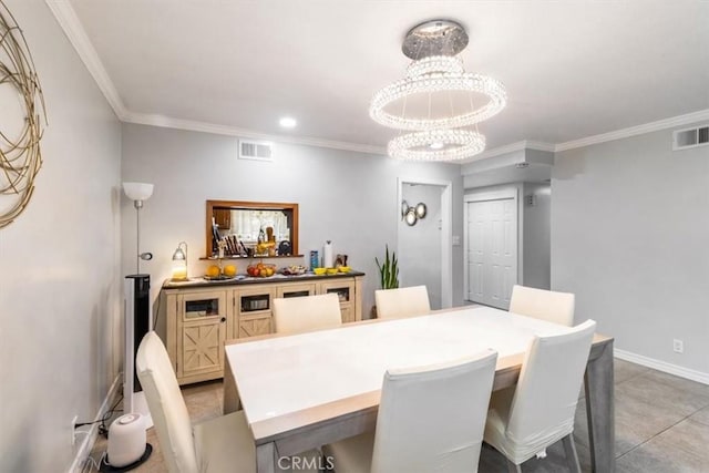 19921 Rambling Rd, Covina, CA 91724 - dining space with a chandelier, ornamental molding, baseboards, light tile patterned floors, and recessed lighting