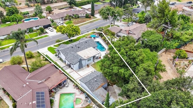19921 Rambling Rd, Covina, CA 91724 - aerial perspective of suburban area with a pool area and property parcel outlined