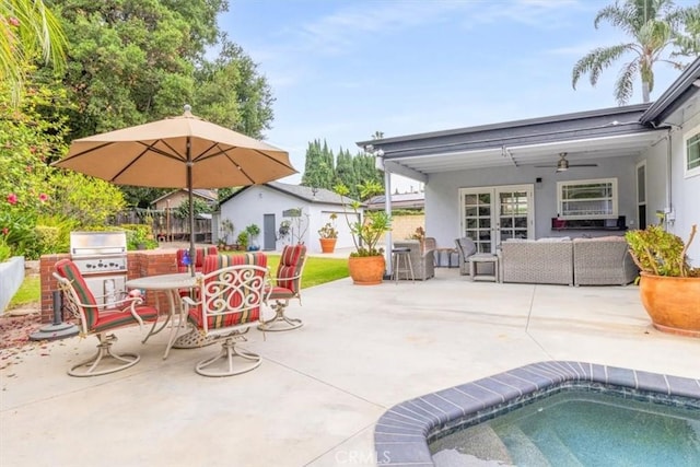 19921 Rambling Rd, Covina, CA 91724 - view of pool featuring a patio, french doors, outdoor lounge area, outdoor dining space, and ceiling fan