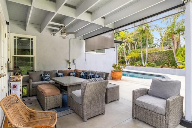 19921 Rambling Rd, Covina, CA 91724 - view of patio / terrace featuring a ceiling fan, an outdoor pool, and outdoor dining space
