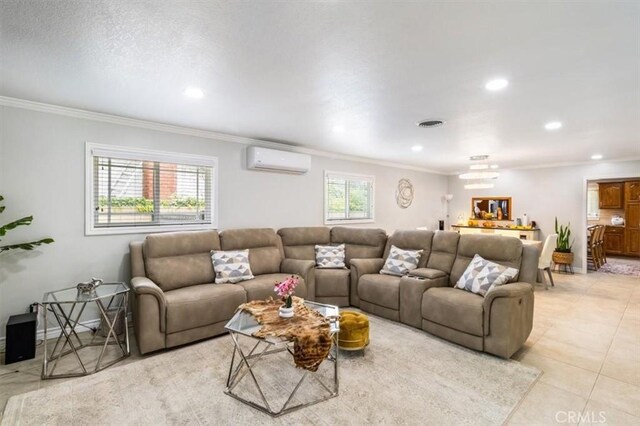 19921 Rambling Rd, Covina, CA 91724 - living area featuring a wall mounted AC, ornamental molding, recessed lighting, a chandelier, and light tile patterned flooring